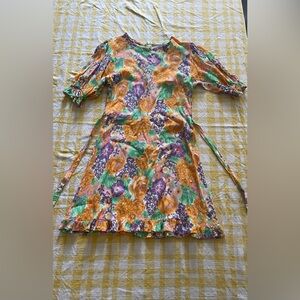 Faithfull the Brand | Orange and Purple Floral Mini Dress with Puff Sleeve